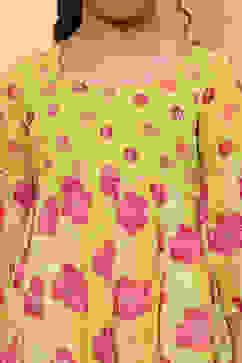 Lime Green Poly Georgette Floral Gathered Flared Suit Set image number 1