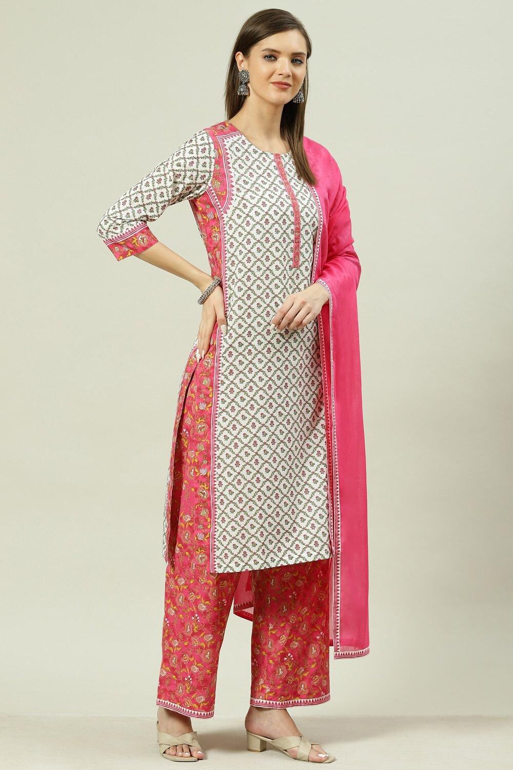 Off White Cotton Straight Kurta Palazzo Suit Set image number 6