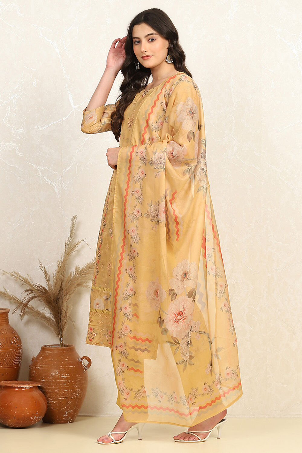 Orange Muslin Unstitched Suit Set image number 4