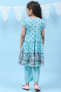 Sky Blue Art Silk Straight Printed Kurta image number 4