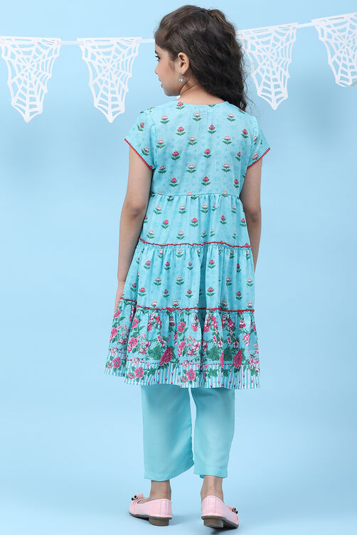 Sky Blue Art Silk Straight Printed Kurta image number 4