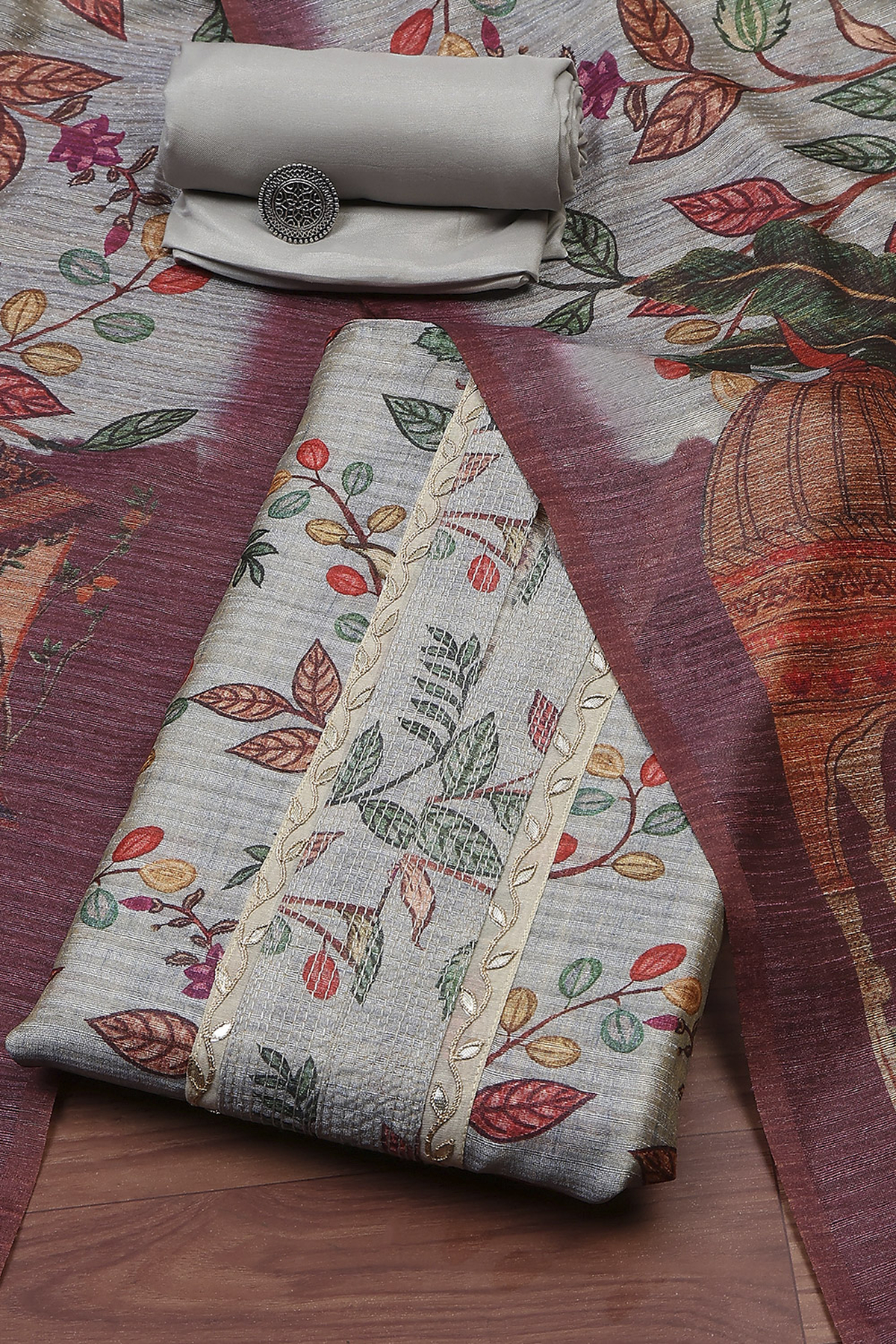 Grey Cotton Printed Embroidered Unstitched Suit Set