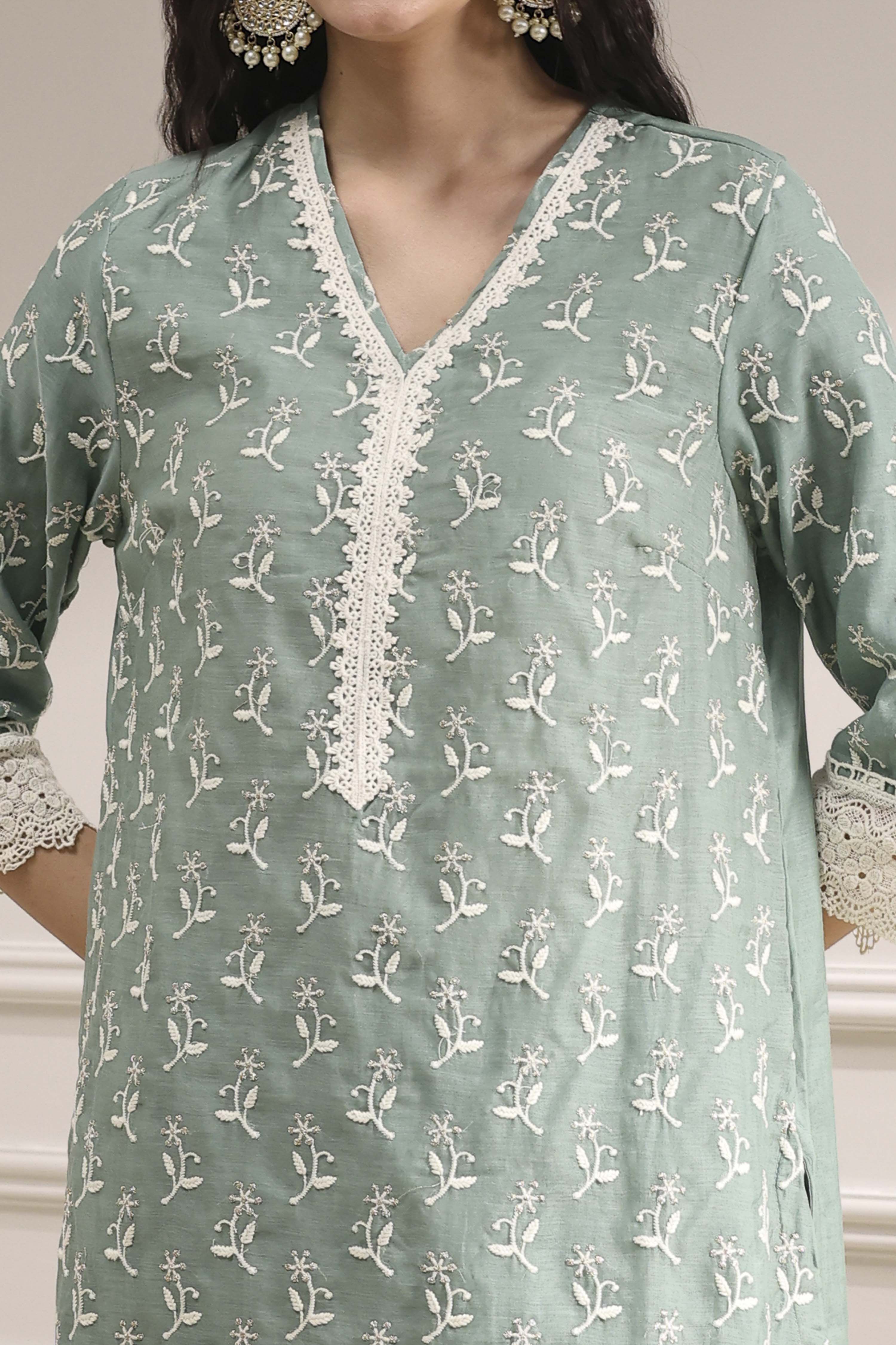 Sap Green Chanderi Straight Suit Set image number 1