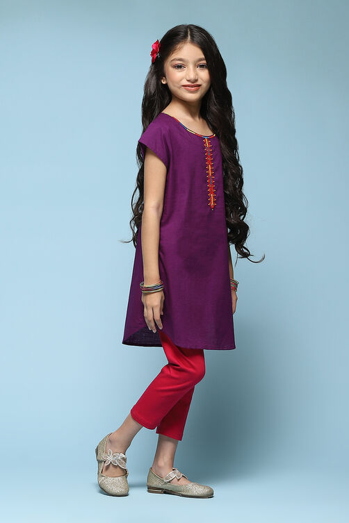 Purple Cotton Straight Solid Kurta Set image number 5