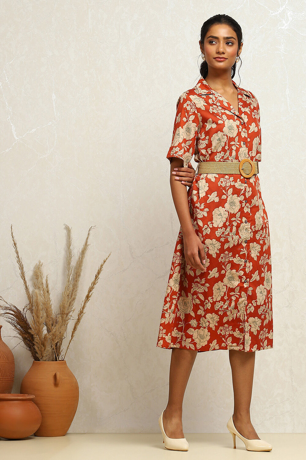 Dark Green Pure Cotton Floral Printed Straight Dress image number 4