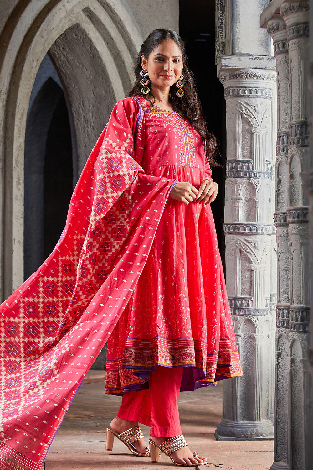 Biba red cotton kalidar suit set deals