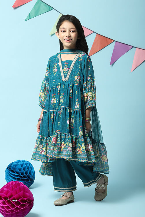 Teal Polyester Flared Printed Kurta Palazzo Suit Set image number 5