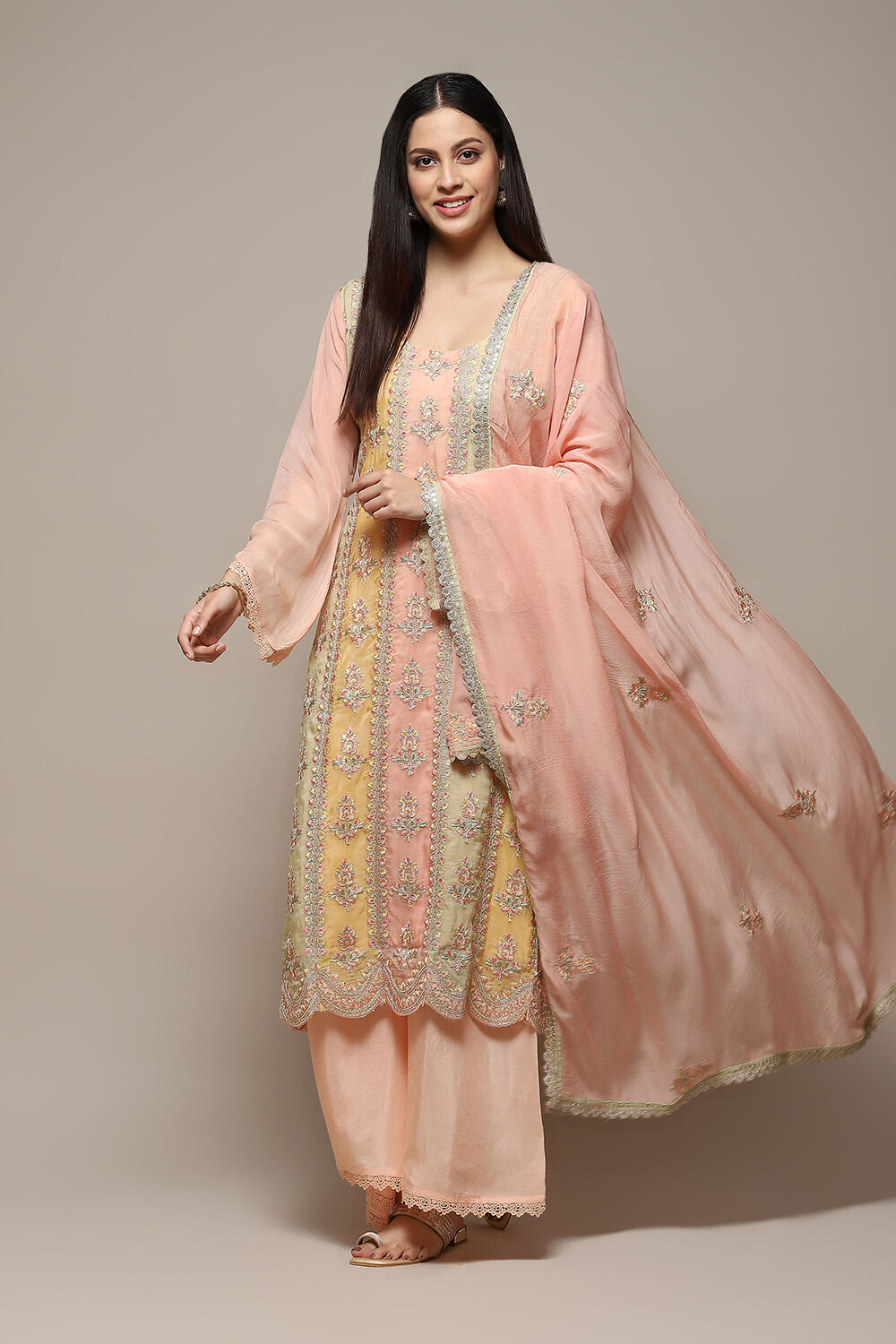 Peach Organza Printed Unstitched Suit Set image number 1
