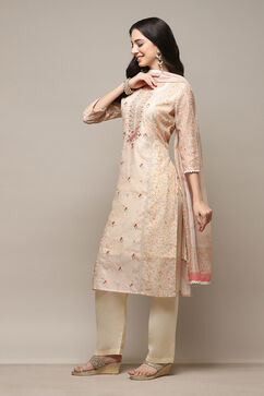 Peach Chanderi Blend Machine Embroidered Unstitched Suit Set image number 6