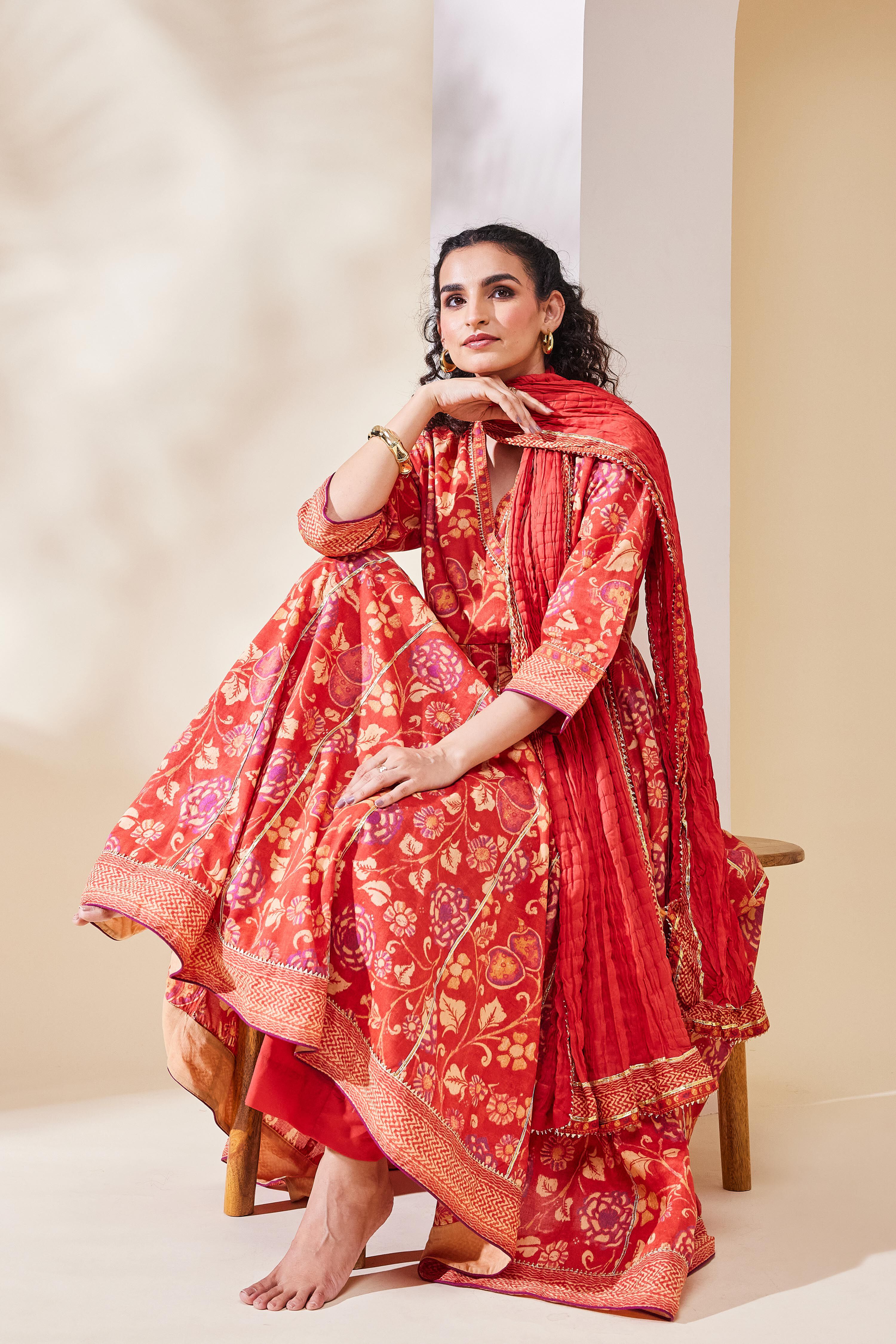 Rust Cotton Anarkali Suit Set image number 0