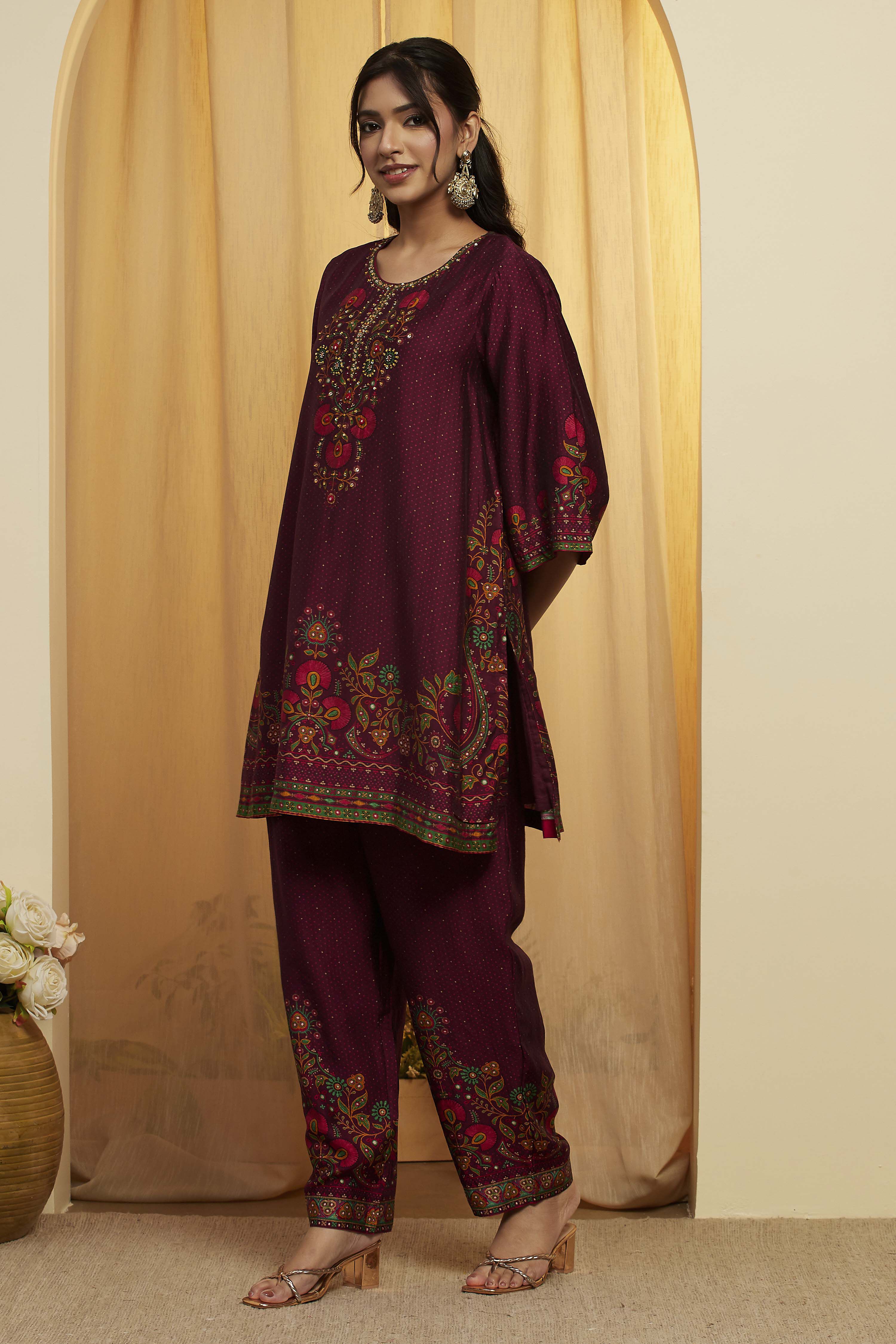 Wine Silk Printed Straight Kurta Set image number 3