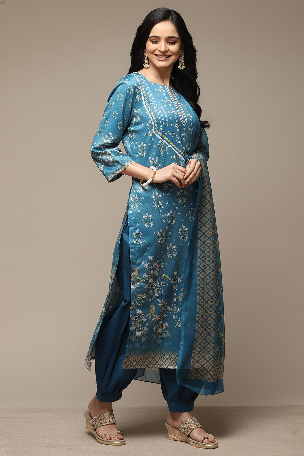 Blue Cotton Screen Print Unstitched Suit Set image number 7