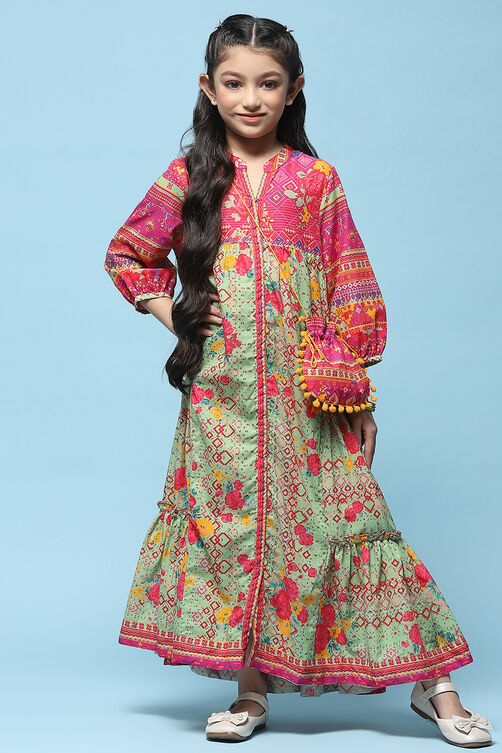 Green Cotton Tiered Dress Printed Dress image number 0