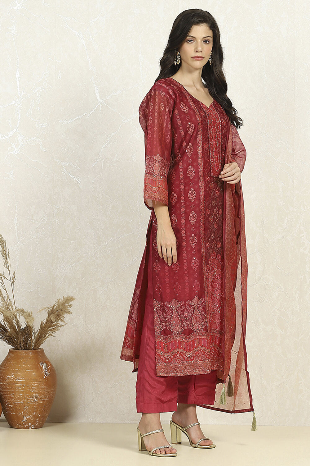 Teal Chanderi Unstitched Suit Set image number 6