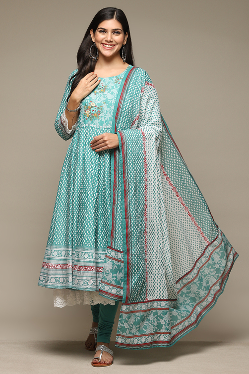 Coral Red Cotton Anarkali Kurta Churidar Suit Set image number 0