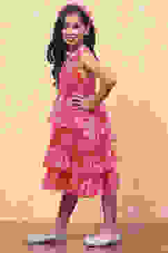 Pink Chiffon Floral Printed Flared Tiered Dress image number 2