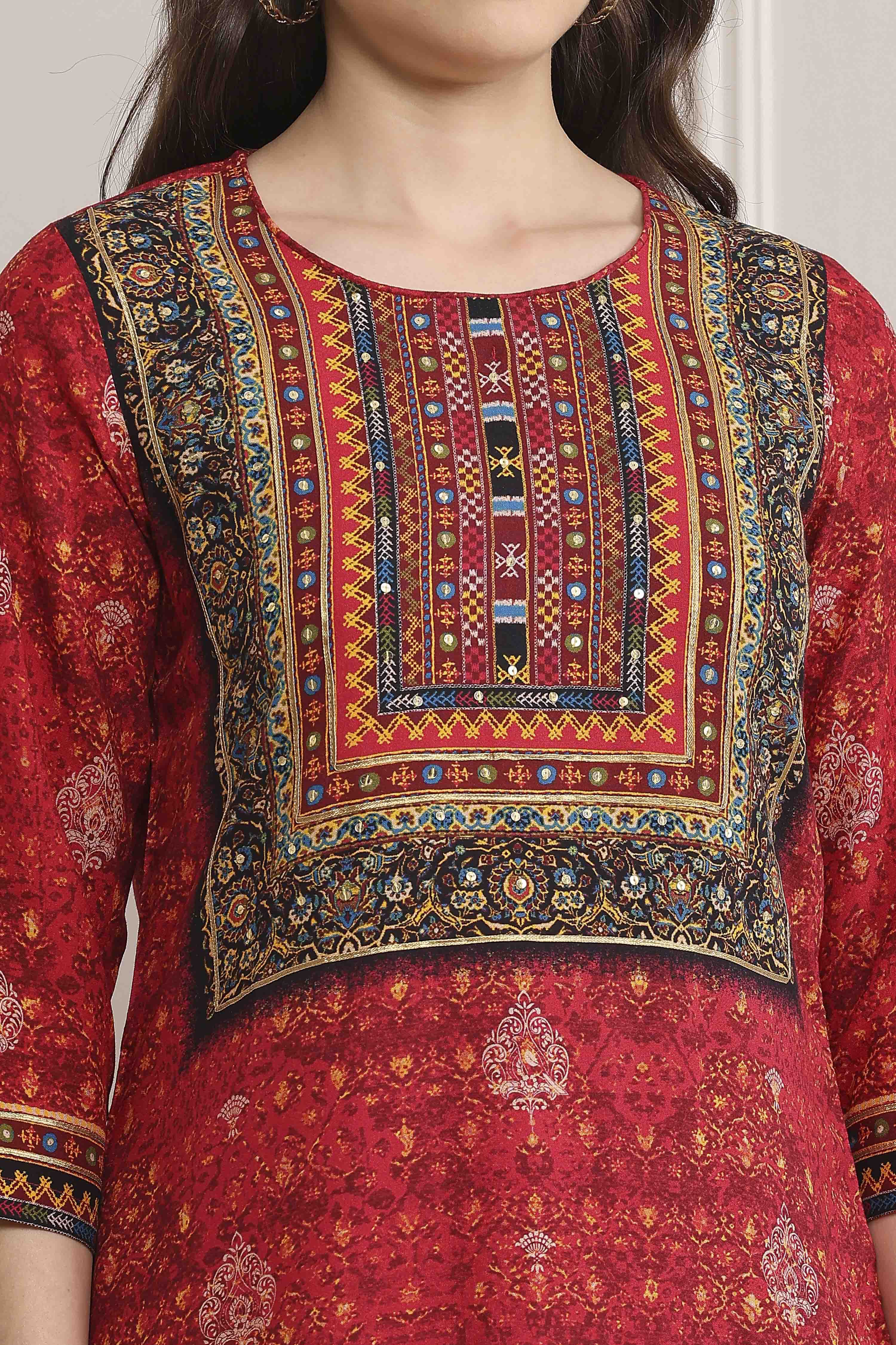 Red LIVA Straight Printed Kurta image number 1