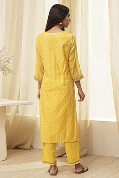 Yellow Embroidered Straight Suit Set image number 4
