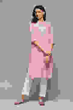 Pink Cotton Blend Straight Yarndyed Kurta image number 0