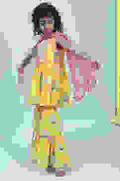 Yellow Cotton Peplum Gathered Suit Set image number 3