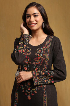 Black Jacquard Printed Straight Winter wear Kurta Set image number 1