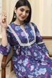 Earthy Blue Cotton Floral Flared Short Kurta image number 1