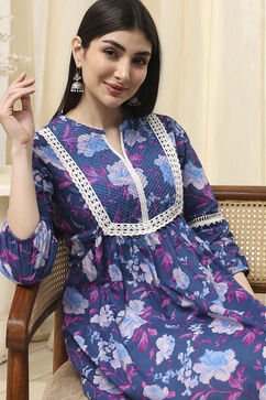 Earthy Blue Cotton Floral Flared Short Kurta image number 1