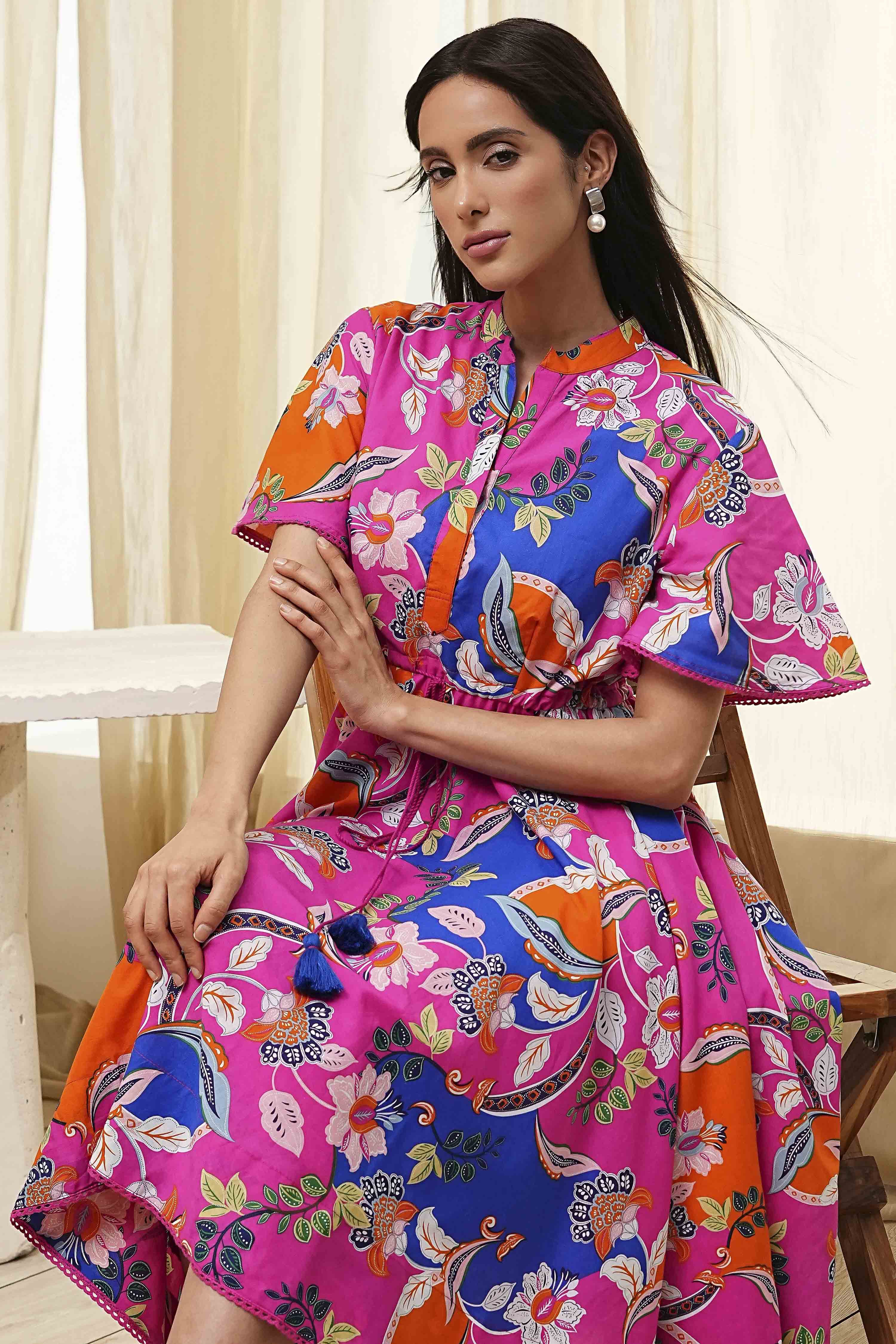 Pink Cotton Printed Flared Dress image number 6