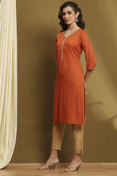 Burnt Orange Solid Regular Fit Straight Kurta image number 2