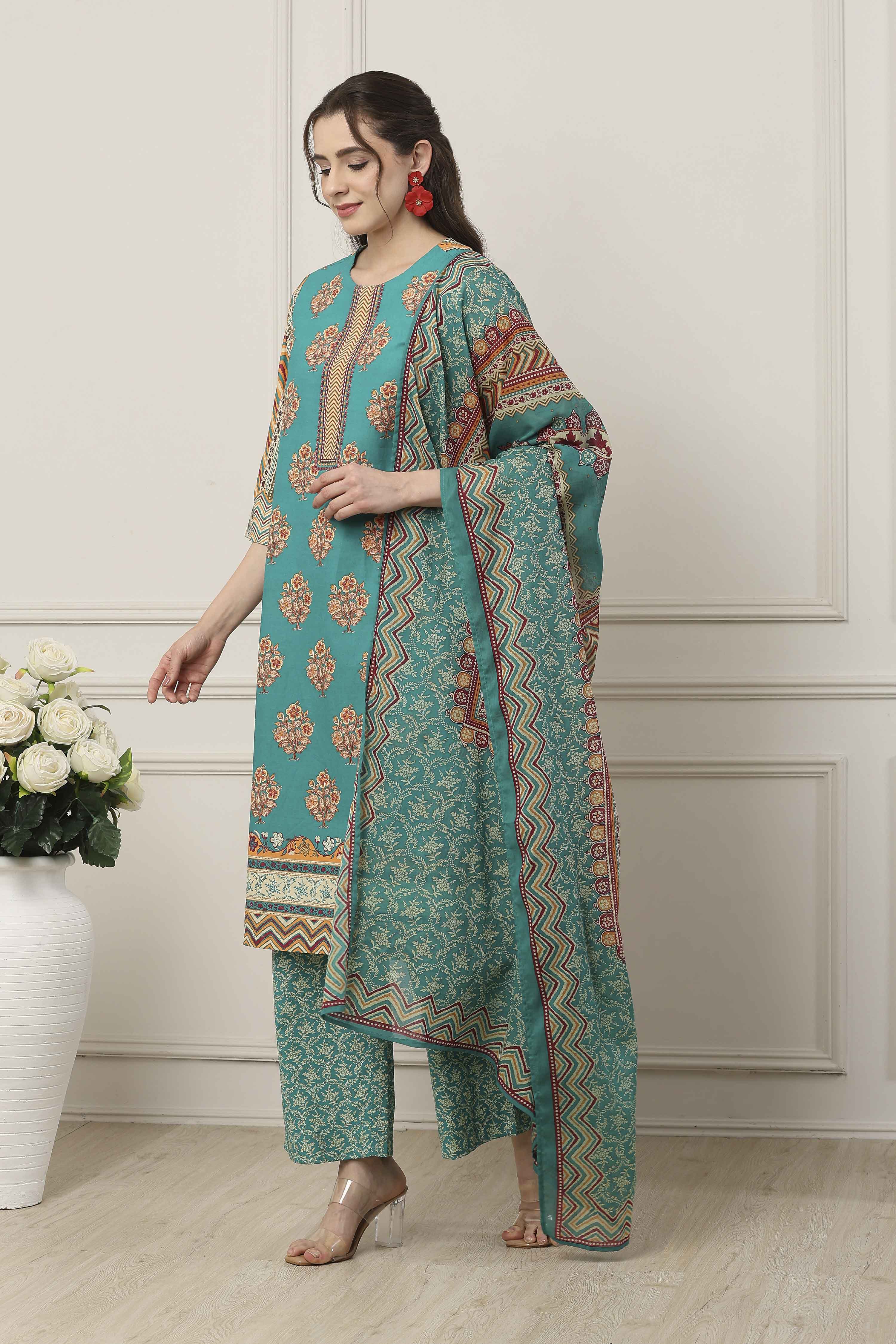 Green Cotton Straight Suit Set image number 3