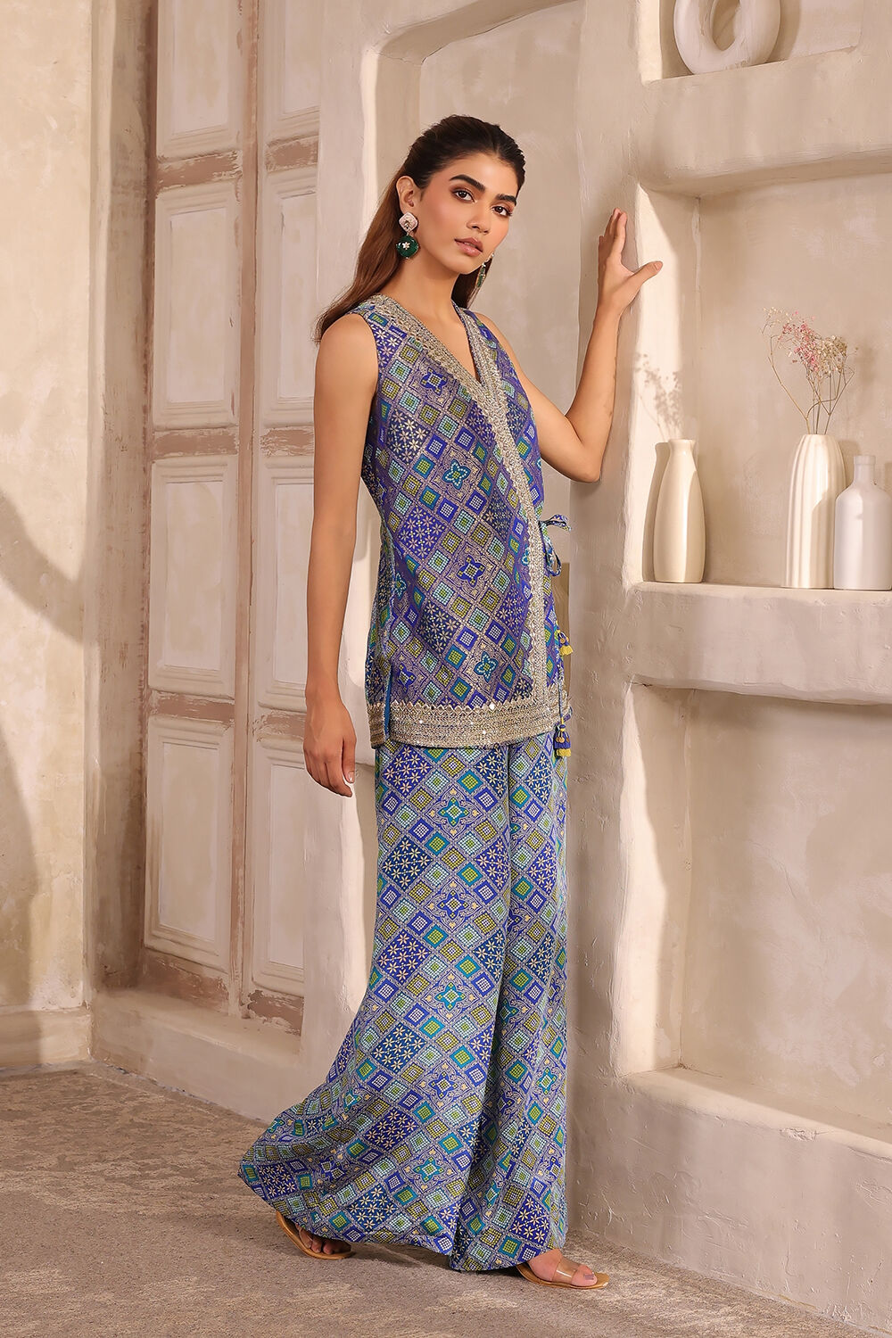 Blue Chanderi Front Open Printed Co-ord Set image number 5