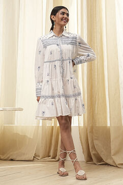 Off-White and Blue Cotton Floral Tiered Dress image number 0