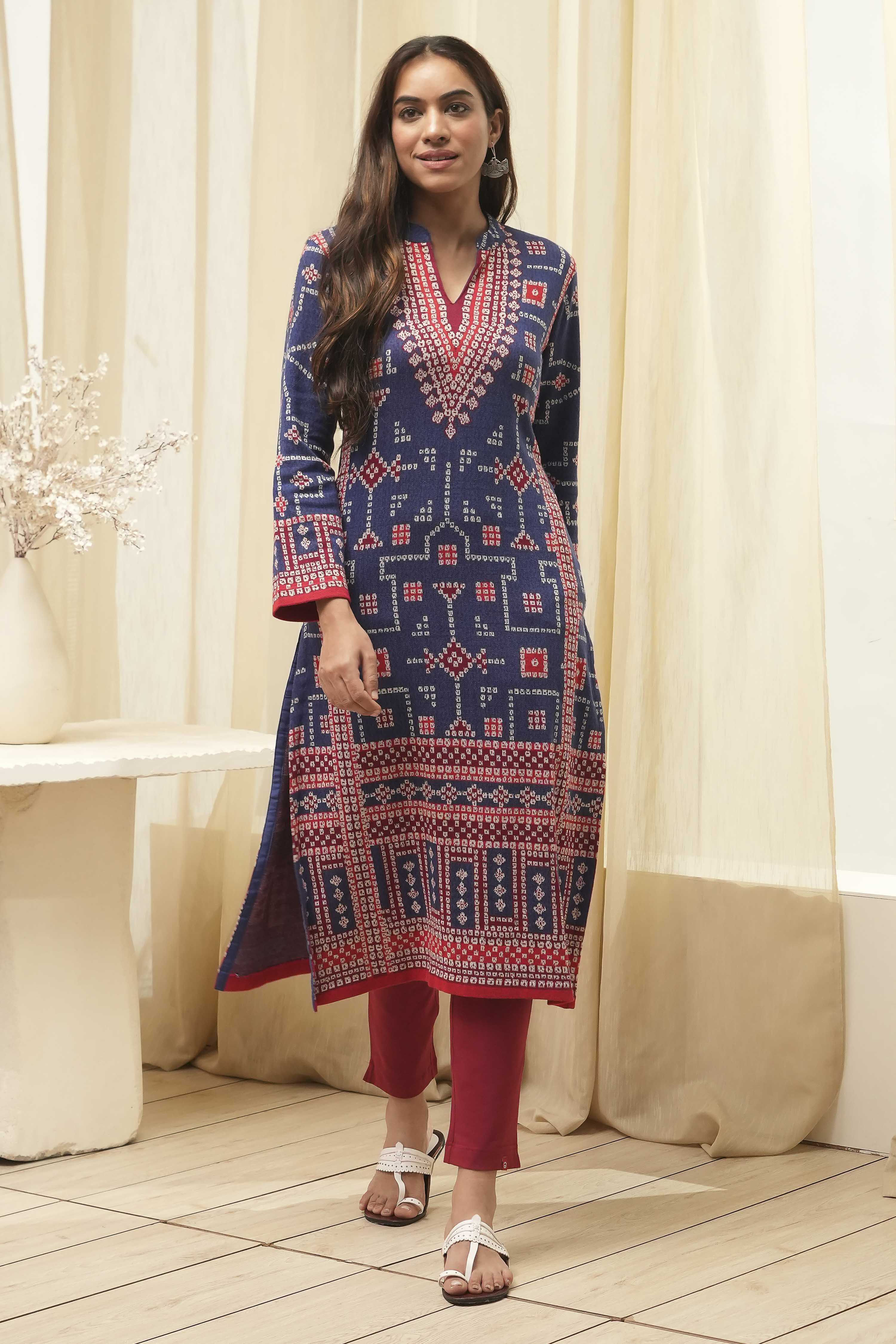 Royal Blue Acrylic Straight Kurta image number 0