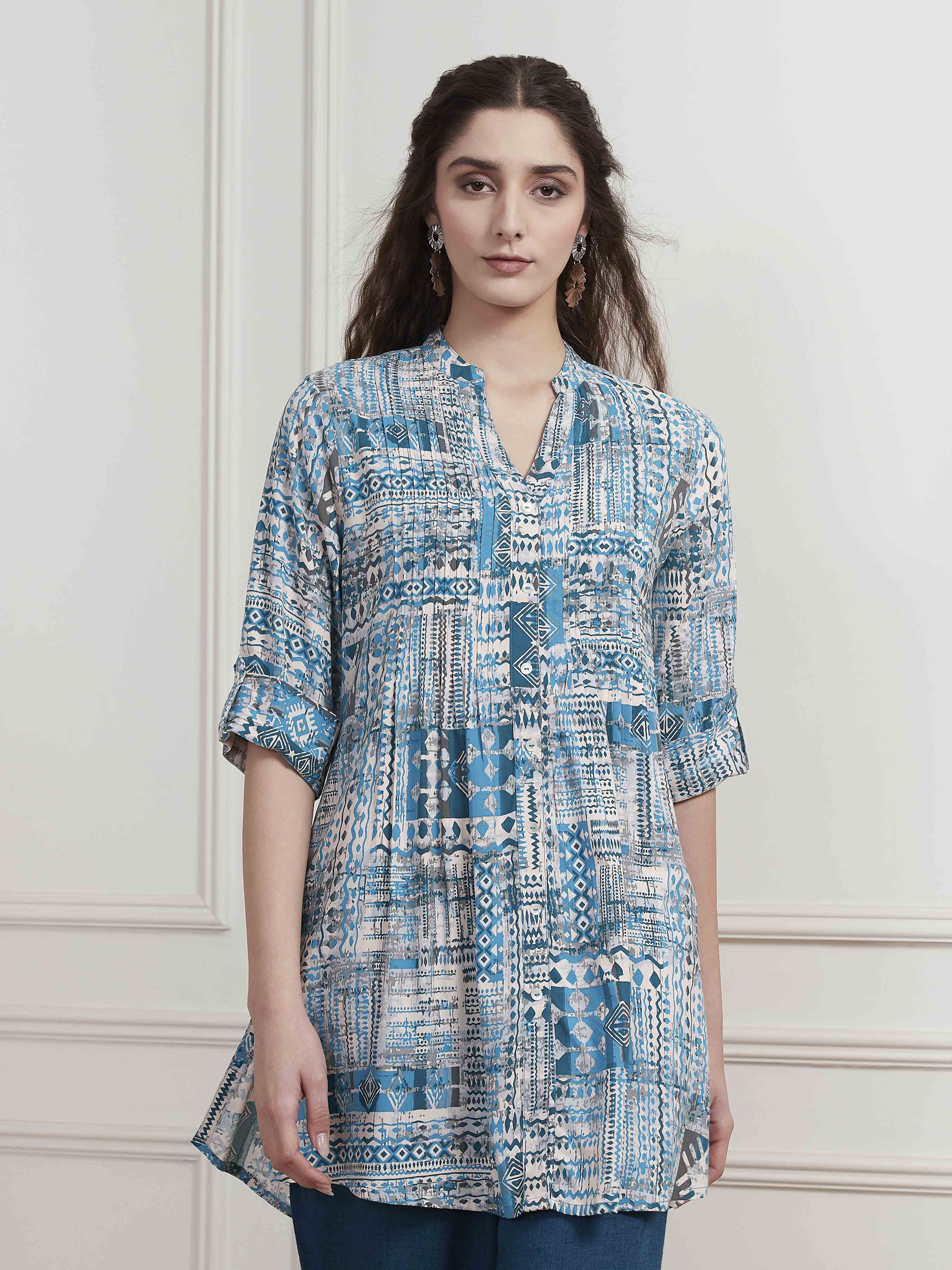 Teal Printed Pleated Shirt-Style Straight Short Kurta image number 5