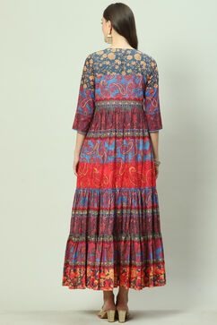 Marine Blue Cotton Tiered Printed Dress image number 4