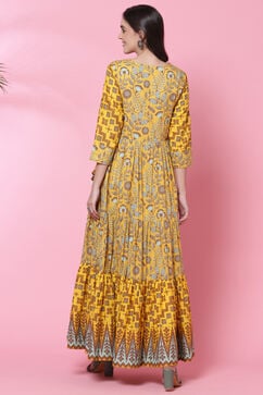 Mustard Cotton Flared Fusion Printed Dress image number 4