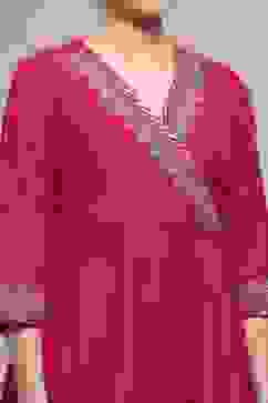 Fuchsia Embroidered Angrakha Festive Anarkali Suit Set image number 1