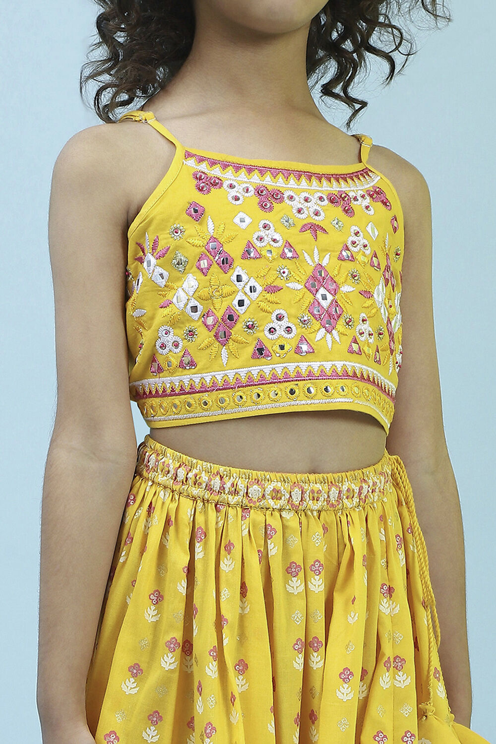 Yellow Cotton Printed Strappy Lehenga Set image number 1