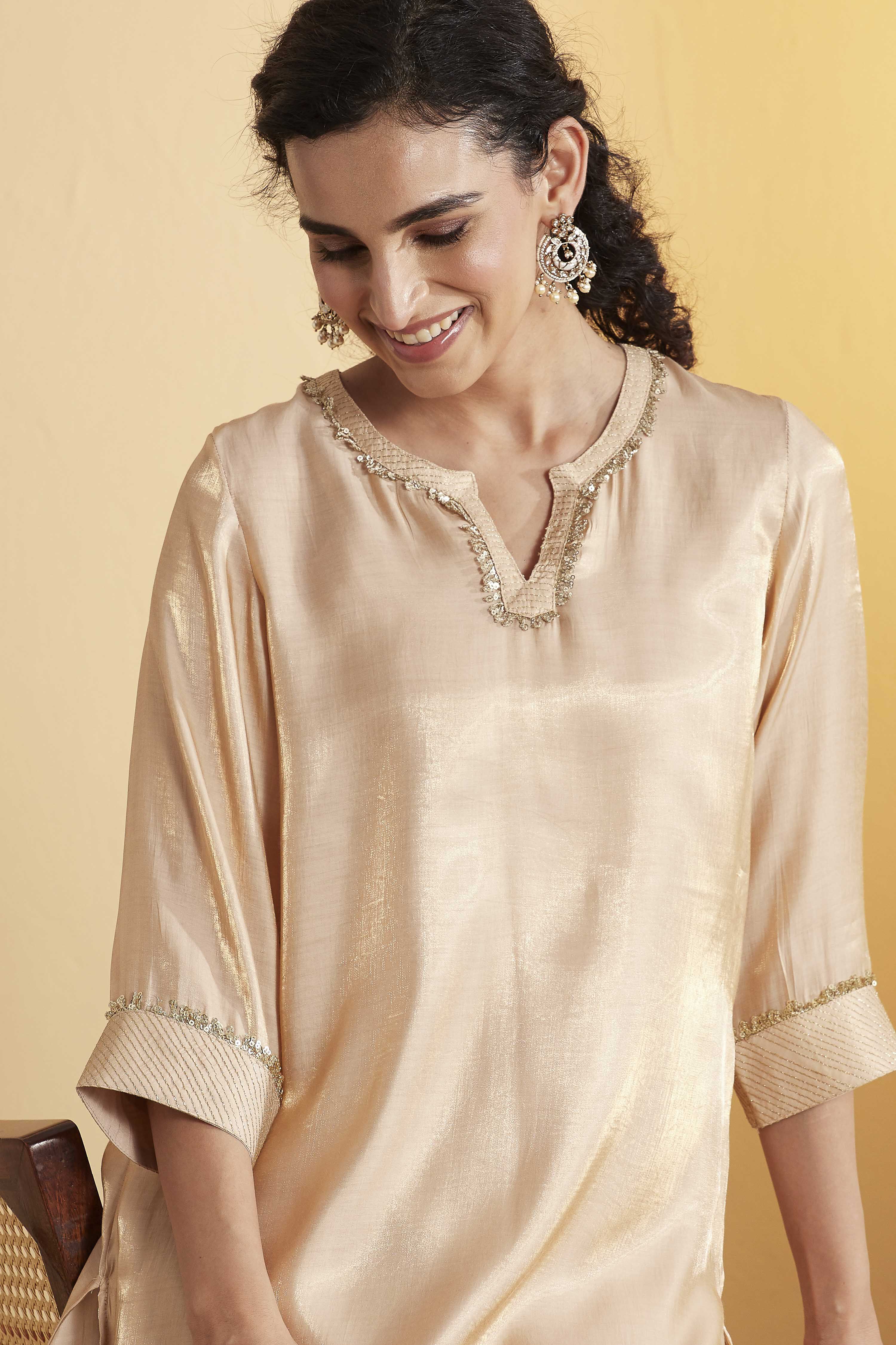 Beige Viscose Rayon Straight Kurta Pants Set image number 1
