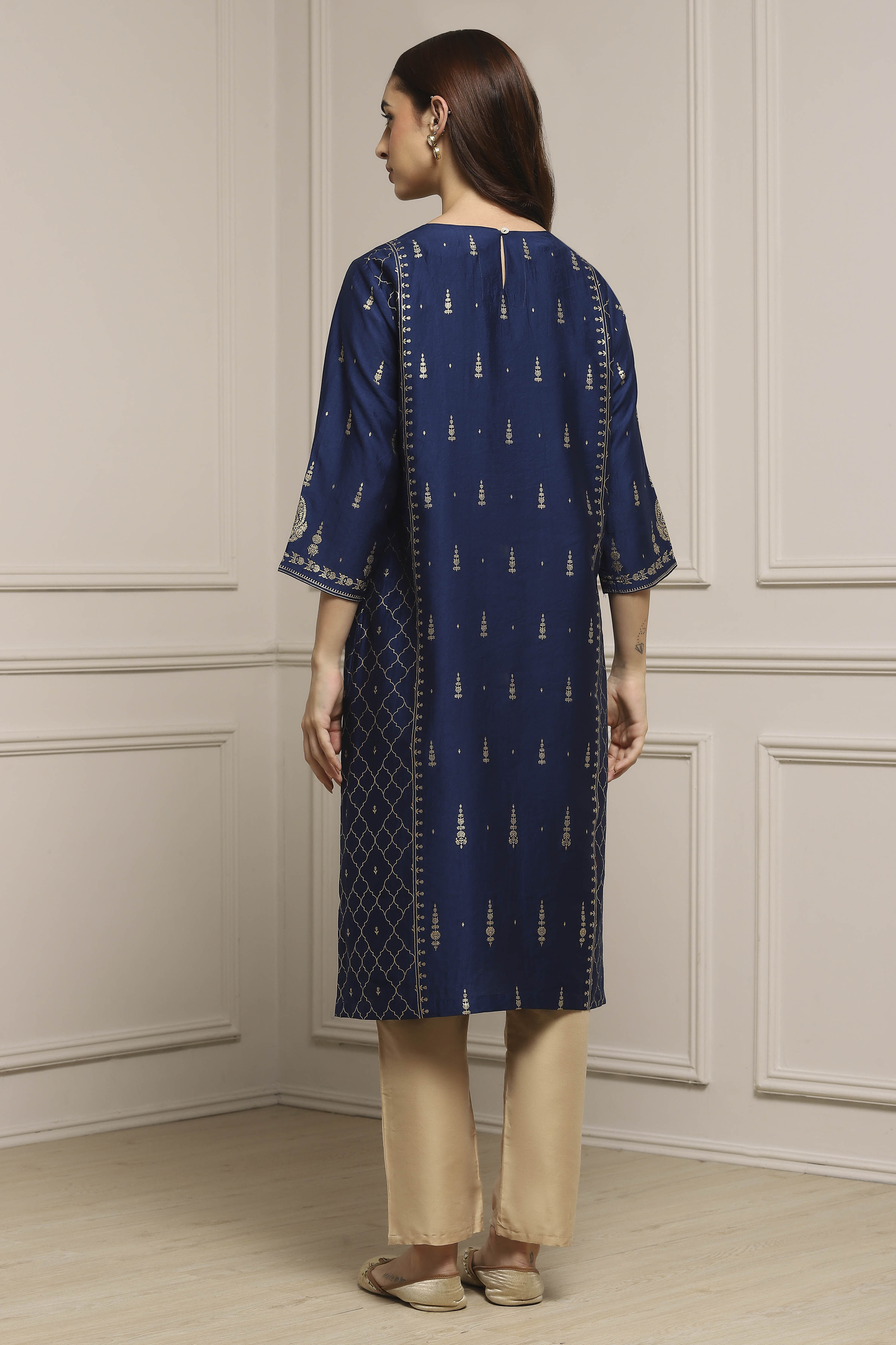 Blue Art Silk Printed Straight Kurta image number 3