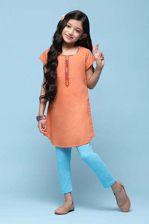 Orange Cotton Straight Solid Kurta Set image number 6