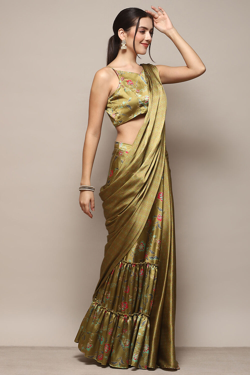 Green Pre Draped Saree A Stitched Blouse With Floral Prints at Biba India