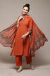 Blue & Rust Polyester Straight Kurta Narrow Palazzo Suit Set image number 1