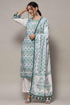 White Green Muslin Unstitched Suit set image number 1