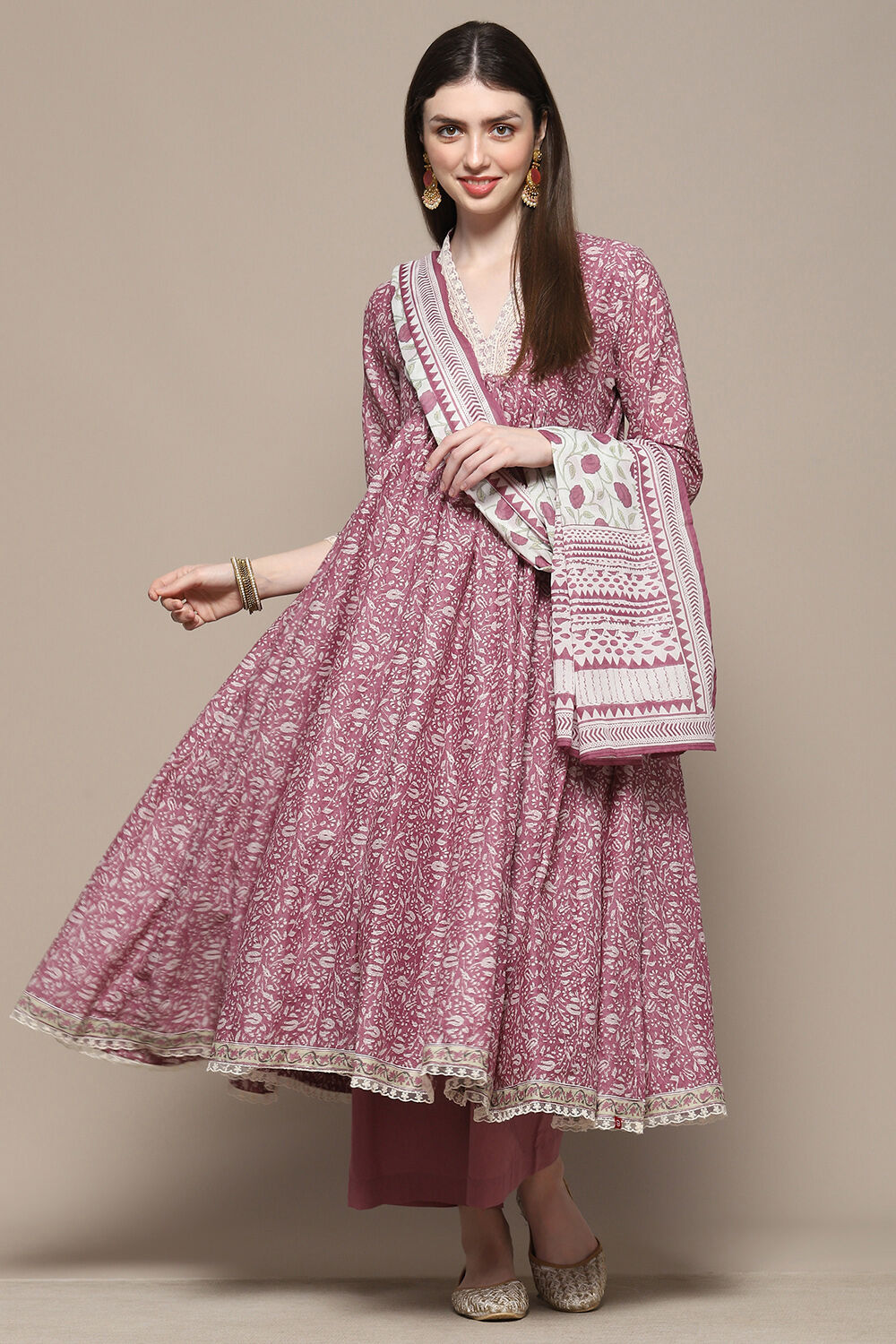 Pink Cotton Anarkali Suit Set at Biba India