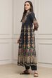 Charcoal Cotton Kalidar Printed Kurta Pants Set image number 3