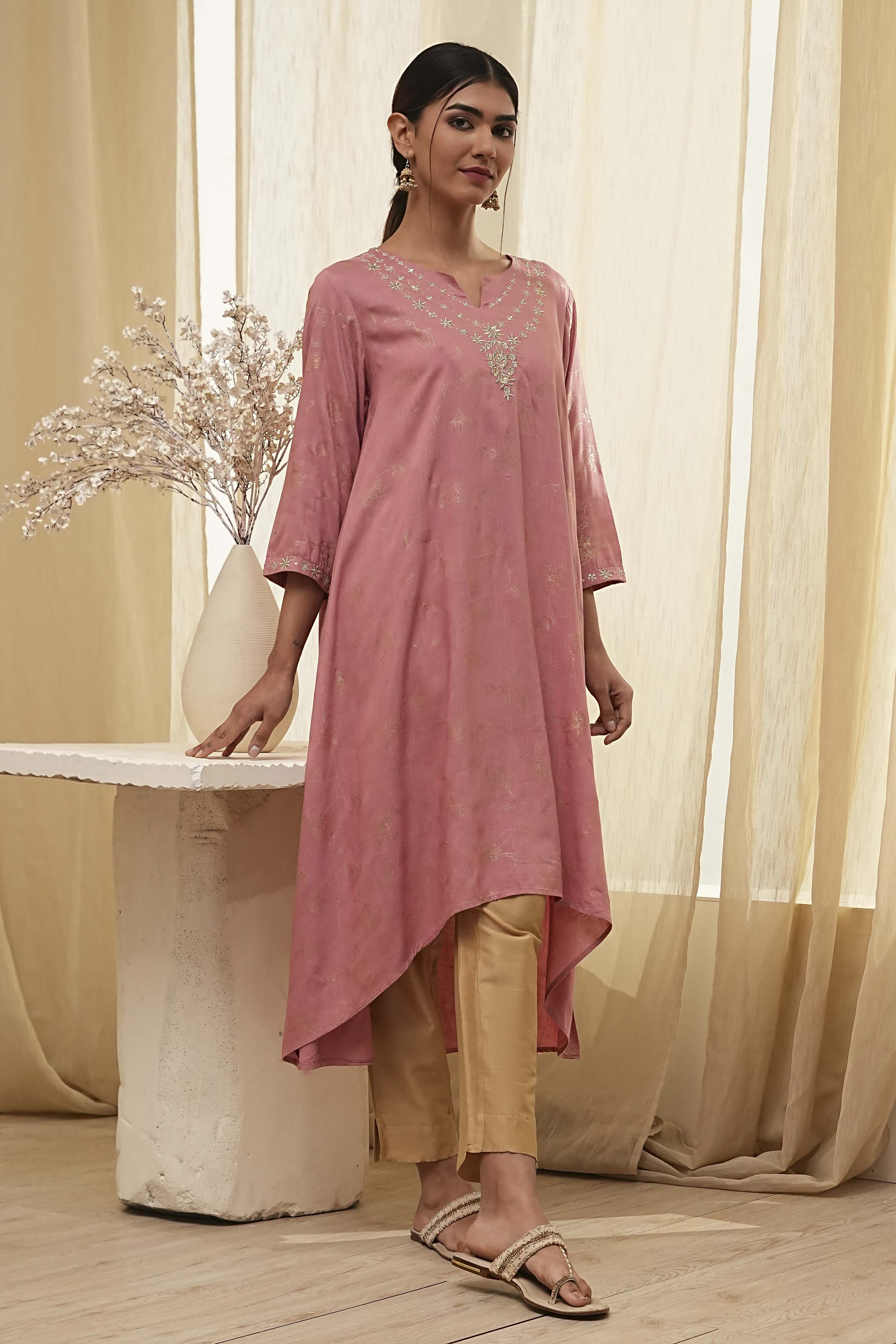 Dull Pink Printed Asymmetric Kurta image number 0