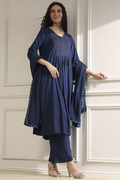Blue Solid Gathered Suit Set image number 0