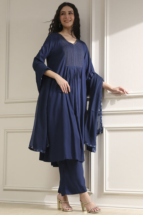 Blue Solid Gathered Suit Set image number 0