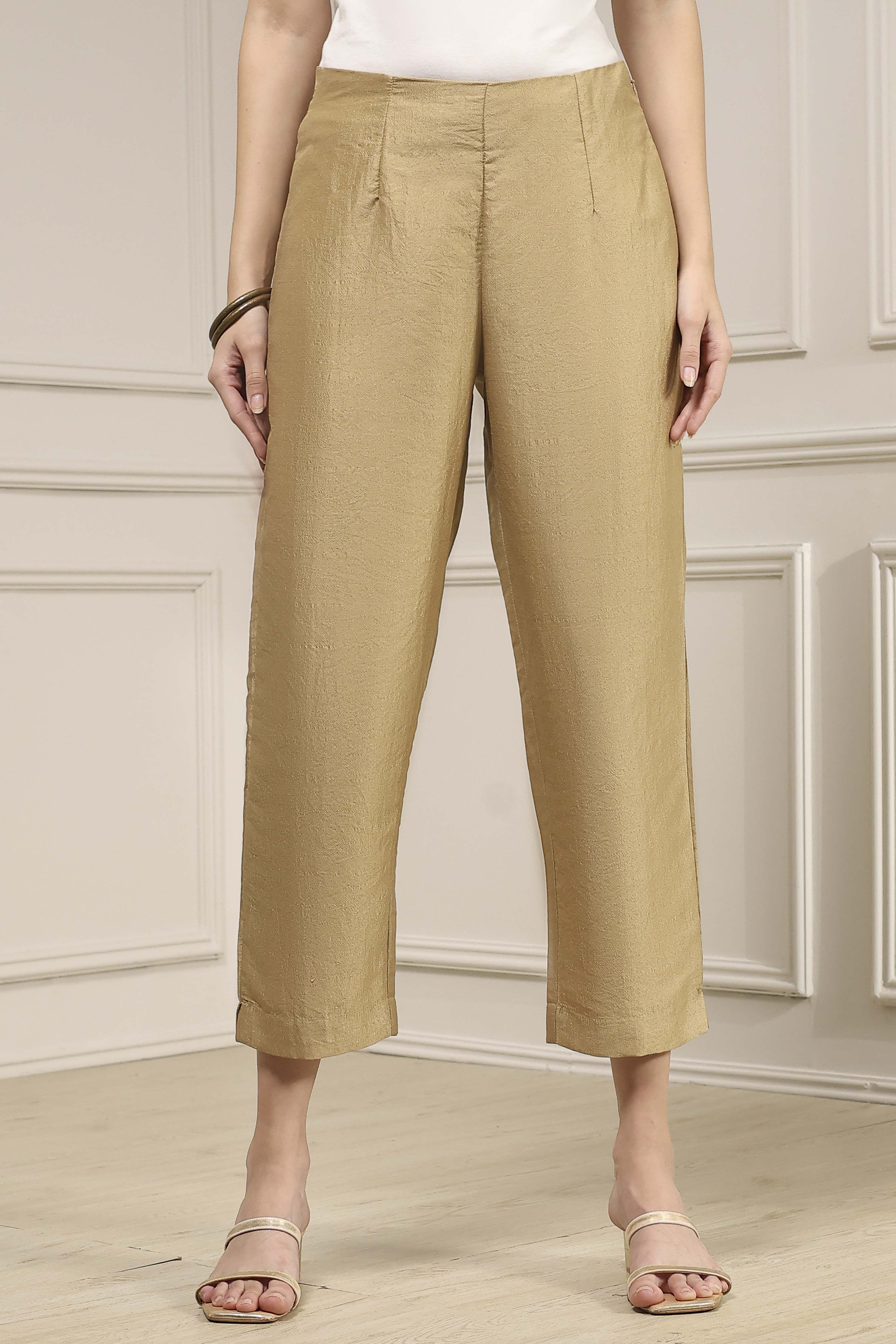Beige Viscose Rayon Fitted Solid Pants image number 1